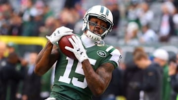 Dec 27, 2015; East Rutherford, NJ, USA; New York Jets wide receiver Brandon Marshall (15) catches a pass during the warmups for their game against the New England Patriots at MetLife Stadium. Mandatory Credit: Ed Mulholland-USA TODAY Sports