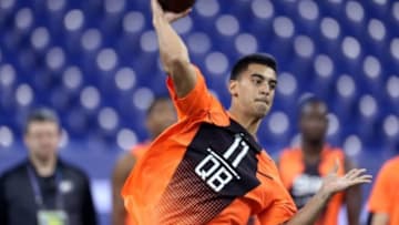 Feb 21, 2015; Indianapolis, IN, USA; Oregon Ducks quarterback Marcus Mariota throws a pass during the 2015 NFL Combine at Lucas Oil Stadium. Mandatory Credit: Brian Spurlock-USA TODAY Sports