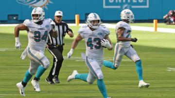 MIAMI GARDENS, FL - NOVEMBER 1: Andrew Van Ginkel #43 of the Miami Dolphins recovers a fumble and runs 78 yards for a touchdown against the Los Angeles Rams during second quarter action of an NFL game on November 1, 2020 at Hard Rock Stadium in Miami Gardens, Florida. (Photo by Joel Auerbach/Getty Images) The Dolphins defeated the Rams 28-17.