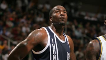 SALT LAKE CITY, UT - FEBRUARY 12: Kendrick Perkins #5 of the Oklahoma City Thunder awaits a foul shot against the Utah Jazz on February 12, 2013 in Salt Lake City, Utah. NOTE TO USER: User expressly acknowledges and agrees that, by downloading and or using this Photograph, User is consenting to the terms and conditions of the Getty Images License Agreement. Mandatory Copyright Notice: Copyright 2013 NBAE (Photo by Melissa Majchrzak/NBAE via Getty Images)