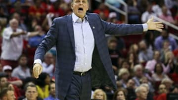 Nov 11, 2015; Houston, TX, USA; Houston Rockets head coach Kevin McHale shouts at an official after a play during the fourth quarter against the Brooklyn Nets at Toyota Center. The Nets defeated the Rockets 106-98. Mandatory Credit: Troy Taormina-USA TODAY Sports