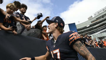 Aug 26, 2023; Chicago, Illinois, USA; Chicago Bears quarterback Tyson Bagent (17) talks with fans after the second half against the Buffalo Bills at Soldier Field. Mandatory Credit: Matt Marton-USA TODAY Sports