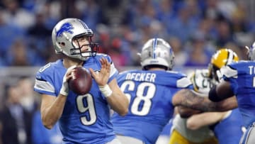 Jan 1, 2017; Detroit, MI, USA; Detroit Lions quarterback Matthew Stafford (9) looks for an open man during the first quarter against the Green Bay Packers at Ford Field. Mandatory Credit: Raj Mehta-USA TODAY Sports
