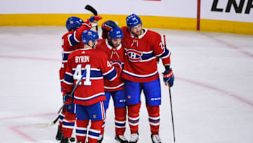 MONTREAL, QC - NOVEMBER 05: Montreal Canadiens defenceman Victor Mete (53) celebrates his second goal of the game with his teammates during the Boston Bruins versus the Montreal Canadiens game on November 05, 2019, at Bell Centre in Montreal, QC (Photo by David Kirouac/Icon Sportswire via Getty Images)