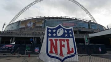 Oct 27, 2013; London, United Kingdom; General view of a NFL shield logo at the NFL International Series game between the San Francisco 49ers and the Jacksonville Jaguars at Wembley Stadium. Mandatory Credit: Kirby Lee-USA TODAY Sports