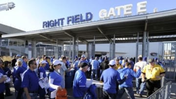 Oct 29, 2014; Kansas City, MO, USA; Fans line up as they arrive before game seven of the 2014 World Series between the Kansas City Royals and the San Francisco Giants at Kauffman Stadium. Mandatory Credit: John Rieger-USA TODAY Sports