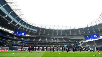 LONDON, ENGLAND - APRIL 08: A general view during a Manchester City press conference ahead of their UEFA Champions League quarter-final match against Tottenham Hotspur. At Tottenham Hotspur Stadium on April 08, 2019 in London, England. (Photo by Dan Mullan/Getty Images)