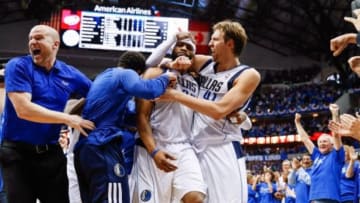 Apr 26, 2014; Dallas, TX, USA; Dallas Mavericks guard Vince Carter (25) celebrates with forward Dirk Nowitzki (41) after hitting the game winning shot during the fourth quarter against the San Antonio Spurs in game three of the first round of the 2014 NBA Playoffs at American Airlines Center. Mandatory Credit: Kevin Jairaj-USA TODAY Sports