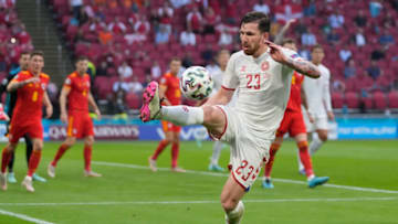 AMSTERDAM, NETHERLANDS - JUNE 26: Pierre-Emile Hojbjerg of Denmark controls the ball during the UEFA Euro 2020 Championship Round of 16 match between Wales and Denmark at Johan Cruijff Arena on June 26, 2021 in Amsterdam, Netherlands. (Photo by Peter Dejong - Pool/Getty Images)