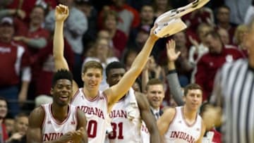 Jan 19, 2016; Bloomington, IN, USA; the Indiana Hoosiers bench celebrates a basket in the second half of the game against the Illinois Fighting Illini at Assembly Hall. The Indiana Hoosiers beat the Illinois Fighting Illini by the score of 103-69. Mandatory Credit: Trevor Ruszkowski-USA TODAY Sports