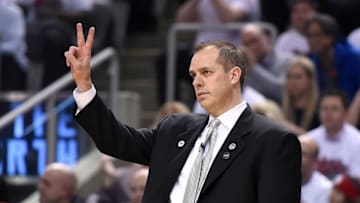 May 1, 2016; Toronto, Ontario, CAN; Indiana Pacers head coach Frank Vogel gestures during first half play against Toronto Raptors in game seven of the first round of the 2016 NBA Playoffs at Air Canada Centre. Mandatory Credit: Dan Hamilton-USA TODAY Sports