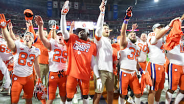GLENDALE, ARIZONA - DECEMBER 28: Thehe Clemson Tigers celebrate their 29-23 win over the Ohio State Buckeyes in the College Football Playoff Semifinal at the PlayStation Fiesta Bowl at State Farm Stadium on December 28, 2019 in Glendale, Arizona. (Photo by Norm Hall/Getty Images)