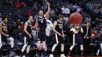 Mar 17, 2016; Denver , CO, USA; Gonzaga Bulldogs bench celebrates their victory at the end of Seton Hall vs Gonzaga in the first round of the 2016 NCAA Tournament at Pepsi Center. Mandatory Credit: Isaiah J. Downing-USA TODAY Sports