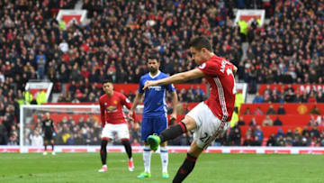 MANCHESTER, ENGLAND - APRIL 16: Ander Herrera of Manchester United scores his sides second goal during the Premier League match between Manchester United and Chelsea at Old Trafford on April 16, 2017 in Manchester, England. (Photo by Michael Regan/Getty Images)