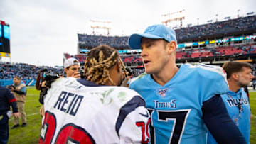 NASHVILLE, TN - DECEMBER 15: Justin Reid #20 of the Houston Texans shakes hands with Ryan Tannehill #17 of the Tennessee Titans after the game at Nissan Stadium on December 15, 2019 in Nashville, Tennessee. Houston defeats Tennessee 24-21. (Photo by Brett Carlsen/Getty Images)