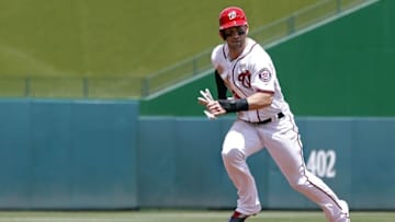 May 14, 2016; Washington, DC, USA; Washington Nationals right fielder Bryce Harper (34) steals third base against the Miami Marlins in the first inning at Nationals Park. Mandatory Credit: Geoff Burke-USA TODAY Sports