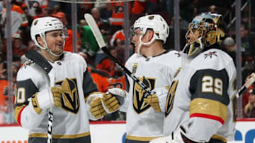 PHILADELPHIA, PA - MARCH 12: Ryan Carpenter #40, Nate Schmidt #88, and Marc-Andre Fleury #29 of the Vegas Golden Knights celebrate after defeating the Philadelphia Flyers 3-2 on March 12, 2018 at the Wells Fargo Center in Philadelphia, Pennsylvania. Tonight's win is Fleury's 400th of his NHL career. (Photo by Len Redkoles/NHLI via Getty Images)