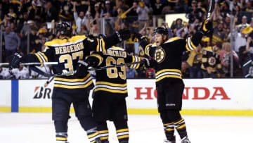Fantasy Hockey: BOSTON, MA - MAY 2: Patrice Bergeron #37 of the Boston Bruins celebrates with Brad Marchand #63 and David Pastrnak #88 after scoring a goal against the Tampa Bay Lightning during the first period Game Three of the Eastern Conference Second Round during the 2018 NHL Stanley Cup Playoffs at TD Garden on May 2, 2018 in Boston, Massachusetts. (Photo by Maddie Meyer/Getty Images)