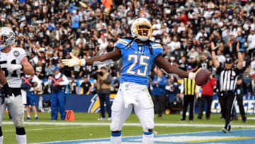 CARSON, CA - DECEMBER 22: Running back Melvin Gordon #25 of the Los Angeles Chargers celebrates after scoring a touchdown against Oakland Raiders during the first half at Dignity Health Sports Park on December 22, 2019 in Carson, California. (Photo by Kevork Djansezian/Getty Images)