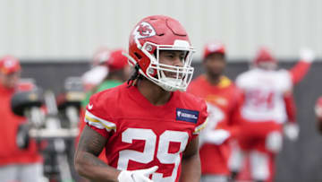 May 26, 2022; Kansas City, MO, USA; Kansas City Chiefs wide receiver Jerriion Ealy (29) runs drills during organized team activities at The University of Kansas Health System Training Complex. Mandatory Credit: Denny Medley-USA TODAY Sports