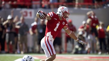 Sep 17, 2016; Lincoln, NE, USA; Nebraska Cornhuskers wide receiver Jordan Westerkamp (1) scores a touchdown against Oregon Ducks cornerback Ugo Amadi (14) in the first quarter at Memorial Stadium. Mandatory Credit: Bruce Thorson-USA TODAY Sports