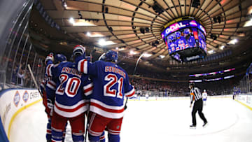 NEW YORK, NEW YORK - NOVEMBER 16: Chris Kreider #20 of the New York Rangers celebrates his goal in the second period against the Montreal Canadiens during their game at Madison Square Garden on November 16, 2021 in New York City. (Photo by Al Bello/Getty Images)