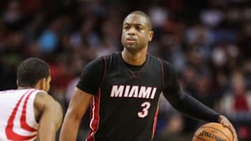 Feb 2, 2016; Houston, TX, USA; Miami Heat guard Dwyane Wade (3) dribbles the ball during the game against the Houston Rockets at Toyota Center. Mandatory Credit: Troy Taormina-USA TODAY Sports