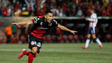 TIJUANA, MEXICO - APRIL 13: Rubio Mendez of Tijuana celebrates after scoring the third goal of his team during the 15th round match between Tijuana and Chivas as part of the Torneo Clausura 2018 Liga MX at Caliente Stadium on April 13, 2018 in Tijuana, Mexico. (Photo by Eduardo Teran/Jam Media/Getty Images)