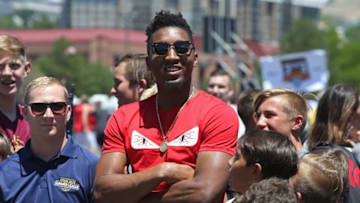 SALT LAKE CITY, UT - JULY 02: Donovan Mitchell #45 of the Utah Jazz hosts a 3 v 3 Tournament at vivint.SmartHome Arena on July 2, 2018 in Salt Lake City, Utah. NOTE TO USER: User expressly acknowledges and agrees that, by downloading and/or using this photograph, user is consenting to the terms and conditions of the Getty Images License Agreement. Mandatory Copyright Notice: Copyright 2018 NBAE (Photo by Melissa Majchrzak/NBAE via Getty Images)