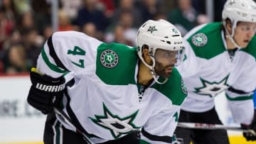 Apr 20, 2016; Saint Paul, MN, USA; Dallas Stars defenseman Johnny Oduya (47) waits for the faceoff in the second period against the Minnesota Wild in game four of the first round of the 2016 Stanley Cup Playoffs at Xcel Energy Center. Mandatory Credit: Brad Rempel-USA TODAY Sports