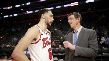 DETROIT, MI - JANUARY 11: Zach LaVine #8 of the Chicago Bulls gets interviewed after a game against the Detroit Pistons on January 11, 2019 at Little Caesars Arena in Detroit, Michigan. NOTE TO USER: User expressly acknowledges and agrees that, by downloading and/or using this photograph, User is consenting to the terms and conditions of the Getty Images License Agreement. Mandatory Copyright Notice: Copyright 2019 NBAE (Photo by Brian Sevald/NBAE via Getty Images)