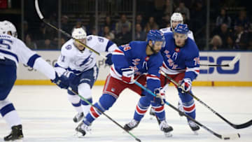 NEW YORK, NY - FEBRUARY 02: Boo Nieves #24 of the New York Rangers skates with the puck against the Tampa Bay Lightning at Madison Square Garden on February 2, 2019 in New York City. (Photo by Jared Silber/NHLI via Getty Images)
