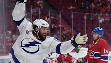 Jul 5, 2021; Montreal, Quebec, CAN; Tampa Bay Lightning left wing Pat Maroon (14) celebrates after scoring a goal against Montreal Canadiens goaltender Carey Price (not pictured) during the third period in game four of the 2021 Stanley Cup Final at the Bell Centre. Mandatory Credit: Eric Bolte-USA TODAY Sports