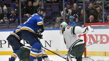 ST. LOUIS, MO - FEBRUARY 06: Minnesota Wild goalie Devan Dubnyk (40) blocks a shot by St. Louis Blues center Patrik Berglund (21) in the third period during an NHL game between the Minnesota Wild and the St. Louis Blues on February 06, 2018, at Scottrade Center, St. Louis, MO. Minnesota won, 6-2. (Photo by Keith Gillett/Icon Sportswire via Getty Images)