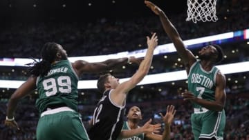 Oct 26, 2016; Boston, MA, USA; Boston Celtics forward Jaylen Brown (7) defends against Brooklyn Nets guard Joe Harris (12) in the second half at TD Garden. The Celtics defeated the Brooklyn Nets 122-117. Mandatory Credit: David Butler II-USA TODAY Sports