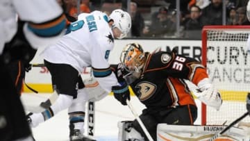December 4, 2015; Anaheim, CA, USA; Anaheim Ducks goalie John Gibson (36) stops a shot against San Jose Sharks center Joe Pavelski (8) during the first period at Honda Center. Mandatory Credit: Gary A.Vasquez-USA TODAY Sports