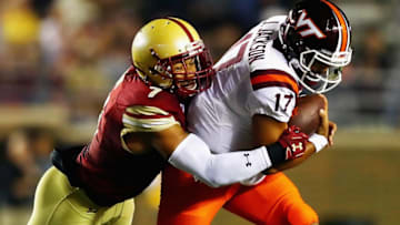 CHESTNUT HILL, MA - OCTOBER 07: Harold Landry #7 of the Boston College Eagles tackles Josh Jackson #17 of the Virginia Tech Hokies during the first half at Alumni Stadium on October 7, 2017 in Chestnut Hill, Massachusetts. (Photo by Tim Bradbury/Getty Images)