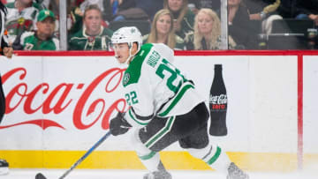 Oct 29, 2016; Saint Paul, MN, USA; Dallas Stars forward Jiri Hudler (22) skates with the puck in the second period against the Minnesota Wild at Xcel Energy Center. Mandatory Credit: Brad Rempel-USA TODAY Sports