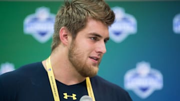 INDIANAPOLIS, IN - MARCH 02: Western Kentucky offensive lineman Forrest Lamp answers questions from the podium during the NFL Scouting Combine on March 2, 2017 at Lucas Oil Stadium in Indianapolis, IN. (Photo by Zach Bolinger/Icon Sportswire via Getty Images)
