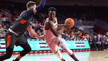 LOS ANGELES, CA - NOVEMBER 19: USC Trojans forward Onyeka Okongwu (21) drives to the basket during a college basketball game between the Pepperdine Waves and the USC Trojans on November 19, 2019 at Galen Center in Los Angeles, CA. (Photo by Brian Rothmuller/Icon Sportswire via Getty Images)