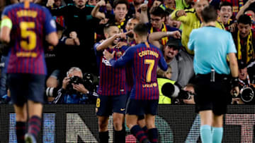 BARCELONA, SPAIN - OCTOBER 24: Jordi Alba of FC Barcelona celebrates 2-0 with Philippe Coutinho of FC Barcelona during the UEFA Champions League match between FC Barcelona v Internazionale at the Camp Nou on October 24, 2018 in Barcelona Spain (Photo by Jeroen Meuwsen/Soccrates/Getty Images)