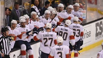 BOSTON, MA - APRIL 8: The Florida Panthers celebrate a goal against the Boston Bruins at the TD Garden on April 8, 2018 in Boston, Massachusetts. (Photo by Steve Babineau/NHLI via Getty Images)