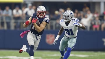 Oct 11, 2015; Arlington, TX, USA; New England Patriots receiver Julian Edelman (11) runs after a reception against Dallas Cowboys cornerback Byron Jones (31) at AT&T Stadium. Mandatory Credit: Matthew Emmons-USA TODAY Sports