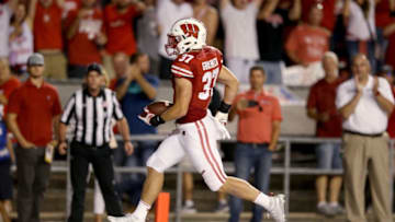 MADISON, WI - AUGUST 31: Garrett Groshek #37 of the Wisconsin Badgers scores a touchdown in the fourth quarter against the Western Kentucky Hilltoppers at Camp Randall Stadium on August 31, 2018 in Madison, Wisconsin. (Photo by Dylan Buell/Getty Images)