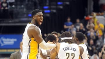 Nov 19, 2014; Indianapolis, IN, USA; Indiana Pacers center Roy Hibbert (55) celebrates the Pacers win over the Charlotte Hornets 88-86 at Bankers Life Fieldhouse. Mandatory Credit: Thomas J. Russo-USA TODAY Sports