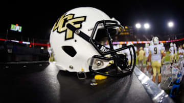 PALO ALTO, CA - SEPTEMBER 12: A detailed view of a fooball helmet belonging to the UCF Knights on the sidelines against the Stanford Cardinal during an NCAA football game at Stanford Stadium on September 12, 2015 in Palo Alto, California. (Photo by Thearon W. Henderson/Getty Images)