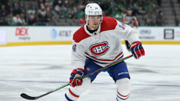 DALLAS, TX - NOVEMBER 2: Nick Suzuki #14 of the Montreal Canadiens skates against the Dallas Stars at the American Airlines Center on November 2, 2019 in Dallas, Texas. (Photo by Glenn James/NHLI via Getty Images)