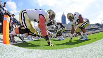 ATLANTA, GA - SEPTEMBER 17: Andrew Marshall #50 (L) and Eason Fromaayan #79 of the Georgia Tech Yellow Jackets line up for a pregame drill against the Vanderbilt Commodores at Bobby Dodd Stadium on September 17, 2016 in Atlanta, Georgia. (Photo by Scott Cunningham/Getty Images)