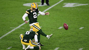 GREEN BAY, WISCONSIN - OCTOBER 05: Mason Crosby #2 of the Green Bay Packers kicks a field goal during the fourth quarter against the Atlanta Falcons at Lambeau Field on October 05, 2020 in Green Bay, Wisconsin. (Photo by Stacy Revere/Getty Images)