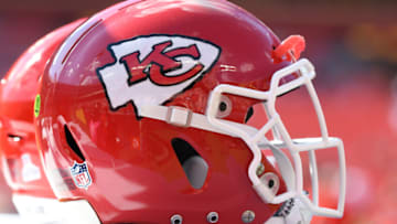 LANDOVER, MARYLAND - OCTOBER 17: Kansas City Chiefs helmet on the bench before a NFL football game against the Washington Football Team at FedExField on October 17, 2021 in Landover, Maryland. (Photo by Mitchell Layton/Getty Images)